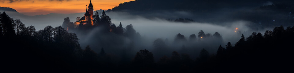 a long narrow panoramic view of the night forest in the mountains and a glowing fairy-tale castle in the fog, a fairy tale of old Europe