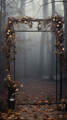 vertical narrow frame of glowing lamps outside in the atmosphere of autumn mood and Halloween, greeting form