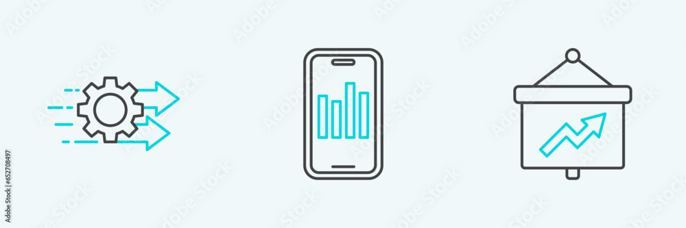 Poster set line board with graph, time management and mobile icon. vector