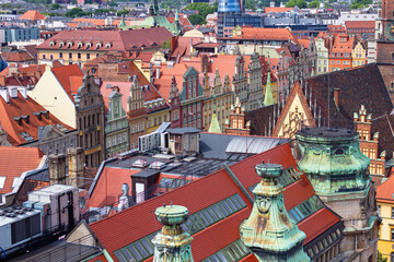 Multicolored historical houses on the Market square at Old Town in Wroclaw, Poland. View from the Bridge of Penitents of Cathedral of St. Mary Magdalene