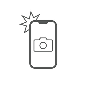 Simple icon smartphone with camera and flash. Modern phone with photo sign for web design. Vector outline element isolated. EPS 10