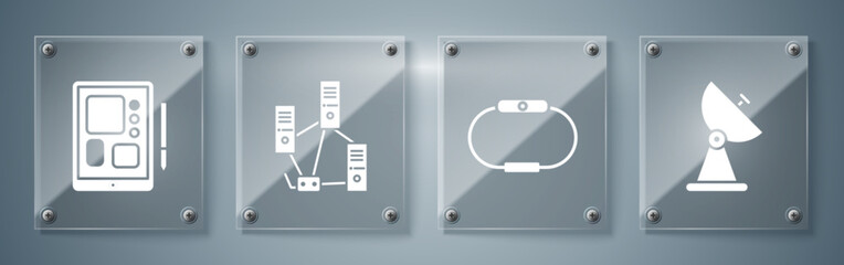 Set Radar, Smartwatch, Computer network and Graphic tablet. Square glass panels. Vector
