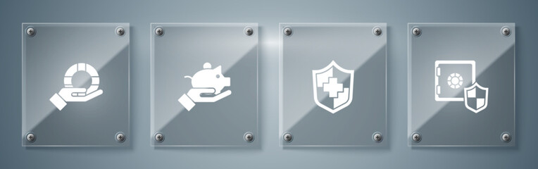 Set Safe with shield, Life insurance, Piggy bank hand and Lifebuoy. Square glass panels. Vector