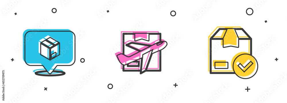 Poster set location with cardboard box, plane and and ackage check mark icon. vector