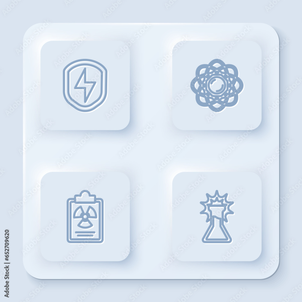 Poster set line secure shield with lightning, atom, radiation warning document and test tube and flask. whi