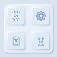 Set line Secure shield with lightning, Atom, Radiation warning document and Test tube and flask. White square button. Vector