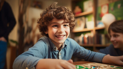 Young boy kid immersed in a classic tabletop board game tournament. He competes against friends, strategizing with laughter and friendly rivalry filling the room