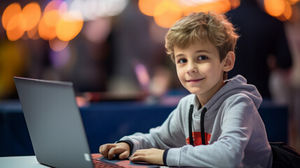 Young boy kid immersed in a coding competition in front of a laptop computer solving complex programming challenges and develops innovative software solutions