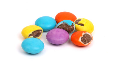 Fototapeta na wymiar Gems Chocolates, colorful chocolate candies on white background