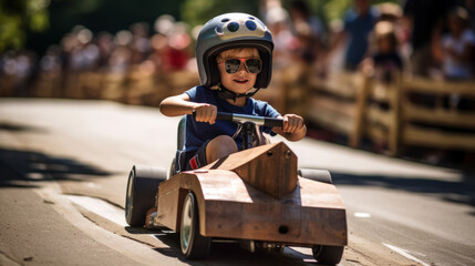 Young boy kid participating in a competitive soapbox derby race. He's behind the wheel of his homemade racer, speeding down a steep hill with determination and a thrill for speed. - obrazy, fototapety, plakaty