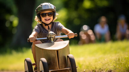 Young boy kid participating in a competitive soapbox derby race. He's behind the wheel of his homemade racer, speeding down a steep hill with determination and a thrill for speed.