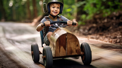 Young boy kid participating in a competitive soapbox derby race. He's behind the wheel of his homemade racer, speeding down a steep hill with determination and a thrill for speed. - obrazy, fototapety, plakaty