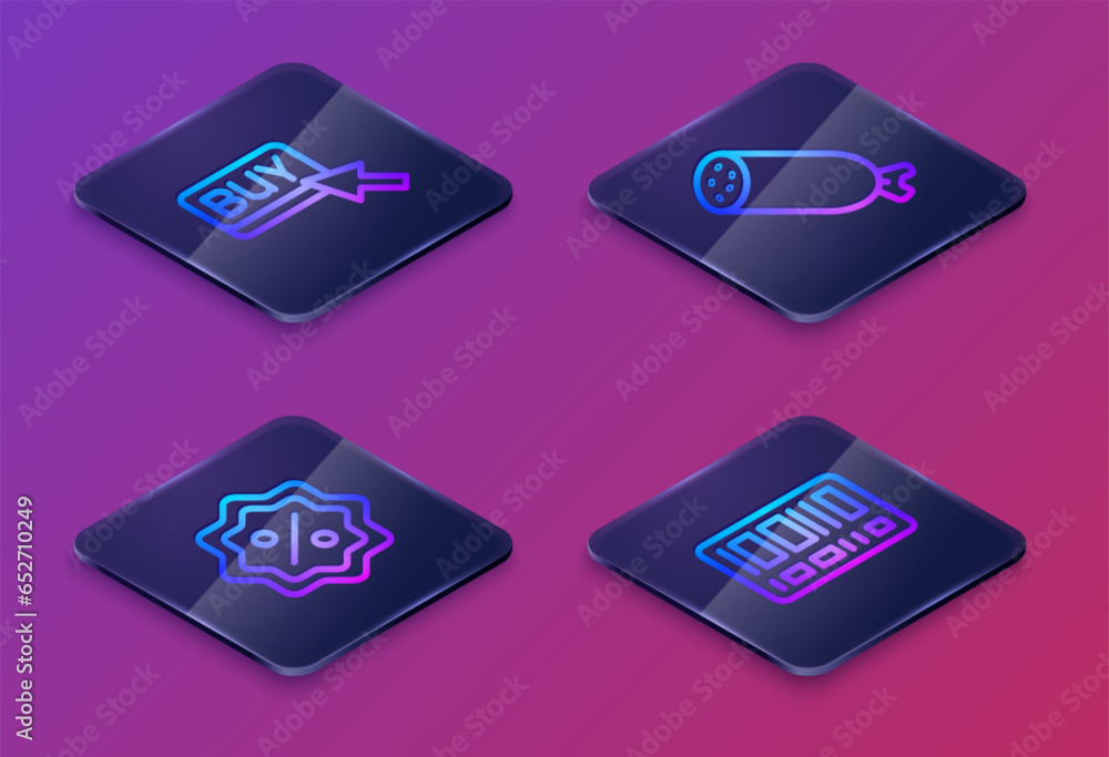 Canvas Prints Set Isometric line Buy button, Discount percent tag, Salami sausage and Barcode. Blue square button. Vector