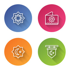 Set line Octagonal star, , and Star and crescent. Color circle button. Vector