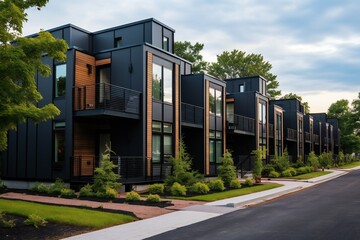 Fototapeta na wymiar Modern modular private grey townhouses. Residential architecture exterior 