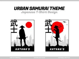 Urban Samurai with red moon t-shirt design. Samurai Vector Illustration. Silhouette japan samurai vector for design t-shirt concept.	