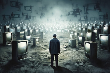 zombie man, mass media addiction, television manipulation and crowd control, brainwashing concept. Generative Ai - obrazy, fototapety, plakaty