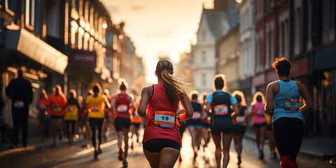 back view of female marathon runners on a race at sunset