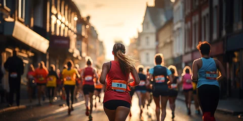 Foto op Plexiglas back view of female marathon runners on a race at sunset © juancajuarez