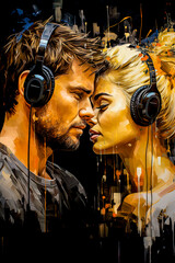 Painting in Acrylic and Oil Couple Listening to Atmospheric Music Mood and Empathy Digital Art Illustration Backdrop Cover Journal
