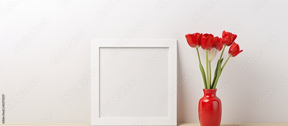Poster white photo frame on table displaying red poppy flowers against a white wall front view with space f