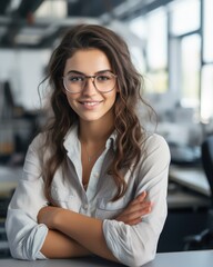 Fototapeta premium close up portrait of smiling beautiful millennial businesswoman or CEO looking at camera, happy female boss posing making, confident successful woman at work.
