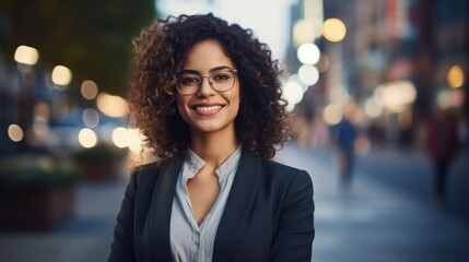 Obraz premium Young confident smiling business woman standing on busy street, portrait. Proud successful female entrepreneur wearing suit posing with arms crossed look at camera in big city outdoors