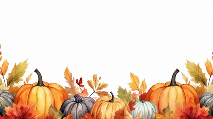 Watercolor border with fall leaves and pumpkins