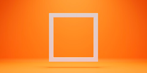 White empty frame in orange solid color studio scene white lights. Halloween background. Product display mockup design.