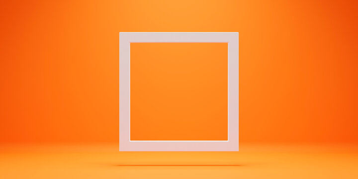 White empty frame in orange solid color studio scene white lights. Halloween background. Product display mockup design.