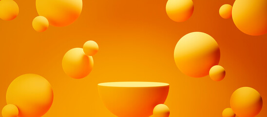 Abstract product podium placement with flying orange sphere on solid background. Geometric circle pedestal in studio room. Minimal design for halloween concept.