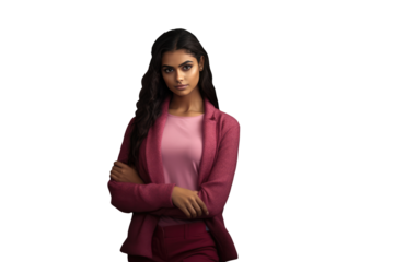 A Fictional Character Created By Generative AI.  Smart Looking Business Woman Standing with Hand Fold In Pink Suit. Generative AI.