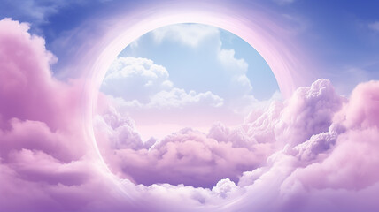round frame arch among pink clouds, banner watercolor soft colors softpastel, heavenly paradise atmosphere - obrazy, fototapety, plakaty