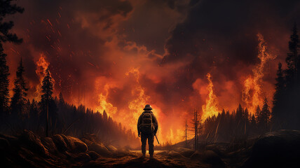 Obraz na płótnie Canvas firefighter on the background of a forest fire view from the back