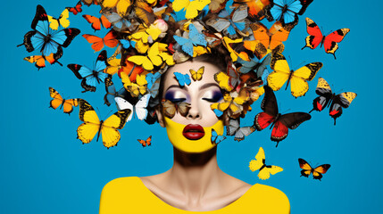 girl with lots of butterfly - obrazy, fototapety, plakaty