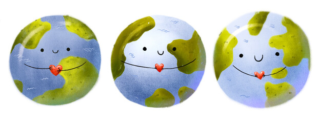 Planet Earth holds a red heart in his hands. Cute eco illustration with planets. Keep Earth