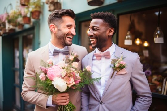 Handsome Gay Couple - Wedding photo. Gay couple wedding. Gay marriage. Homosexual couple celebrating wedding, LBGT couple at wedding ceremony