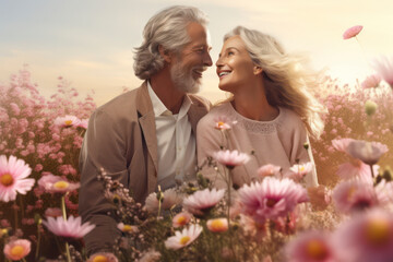 Elderly couple in love, enjoying a beautiful summer day together in the flowers landscape , radiating happiness and affection,banner