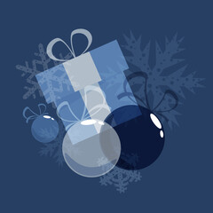 Christmas gift box and Christmas balls on a dark blue background with snowflakes of different transparency. Design element for clothes, cards, textiles, fabrics, wallpapers
