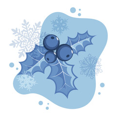 Christmas holly and snowflakes with different transparency in blue tones on an abstract background. Design element for clothes, cards, textiles, fabrics, wallpapers