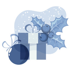 Gift box, Christmas holly and Christmas ball in blue tones on an abstract background. Design element for clothes, cards, textiles, fabrics, wallpapers