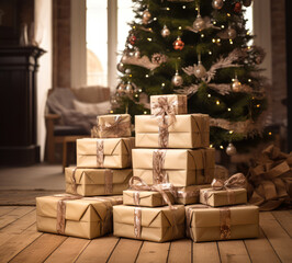 A pile of Christmas gifts for children under the Christmas tree, winter, new year and holidays are the time for gifts in boxes with a bow.