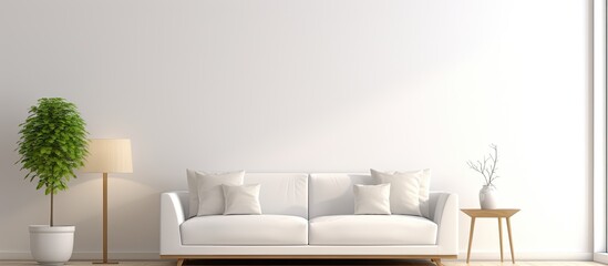 Minimalist white interior with furniture lamp and panoramic window in visual