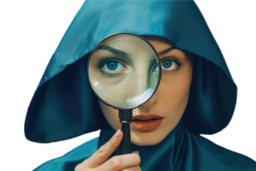Young Hooded Woman Watching through Magnifying Glass. Generative AI.