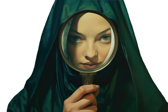 Young Arabic Woman Watching through Magnifying Glass. Generative AI.