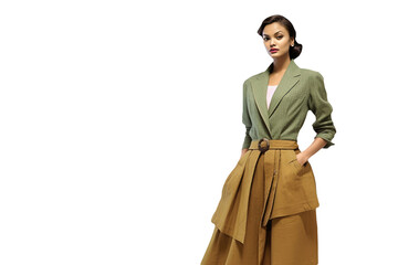 A Stylish Young Lady Wearing Suit and Skirt in Green and Brown Color and Space for Message.