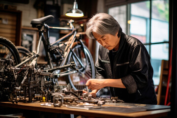Expert Japanese Bicycle Repairman, Demonstrating His Exceptional Craftsmanship and Expertise, Ensures Perfect Repairs in His Fully Equipped Workshop

