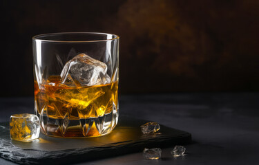 Vaso de whisky con hielo. Copa de cristal elegante llena de whisky con hielo sobre una mesa de madera. 