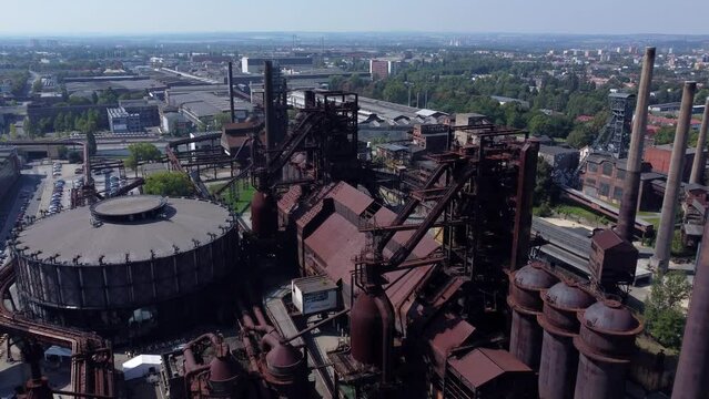 Ostrava Lower area of Vitkovice drone video, former blast furnaces of an ironworks, cultural and historic zone, Dolni Oblast Vitkovice, Czech Republic