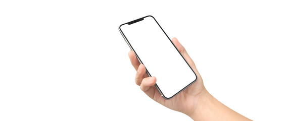 Hand holding smartphone device  touching screen - obrazy, fototapety, plakaty